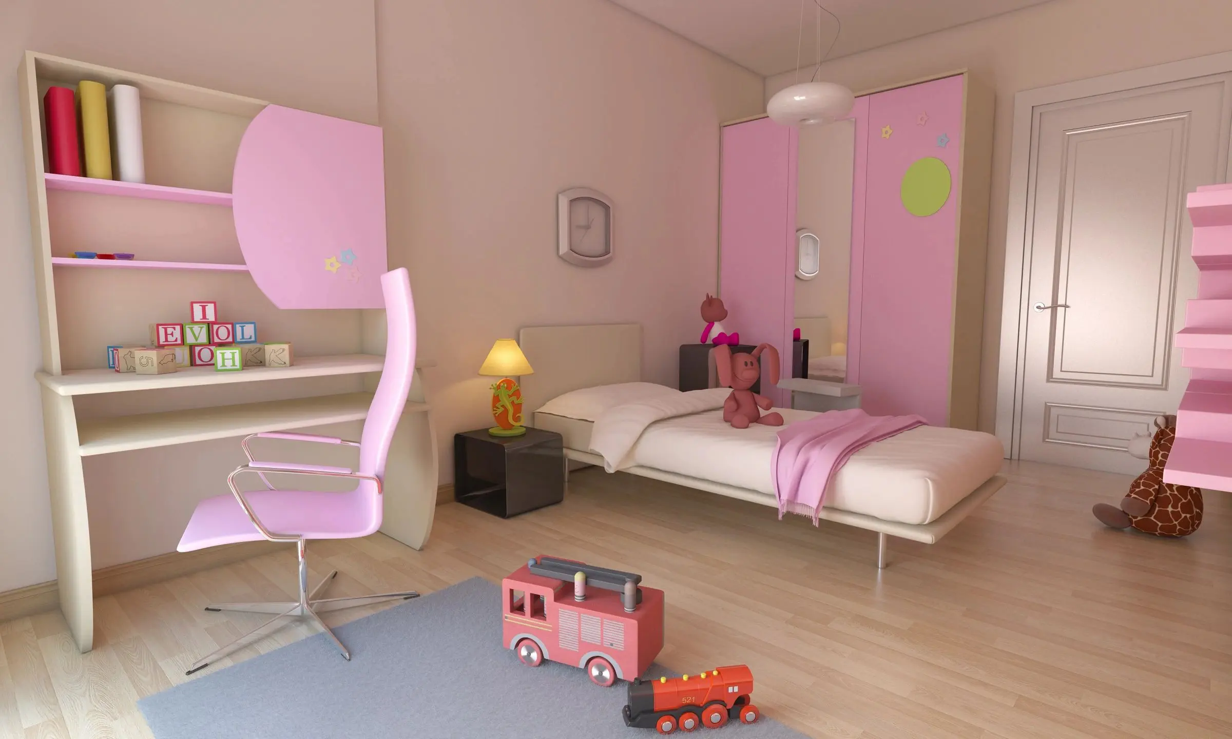 A pink bedroom with a bed and desk in it