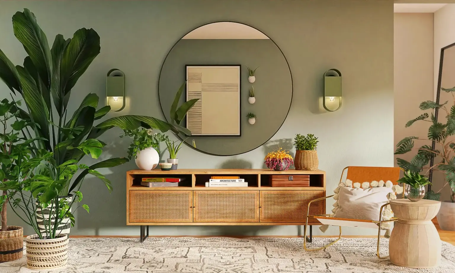 a round mirror on the wall and some plants in the room